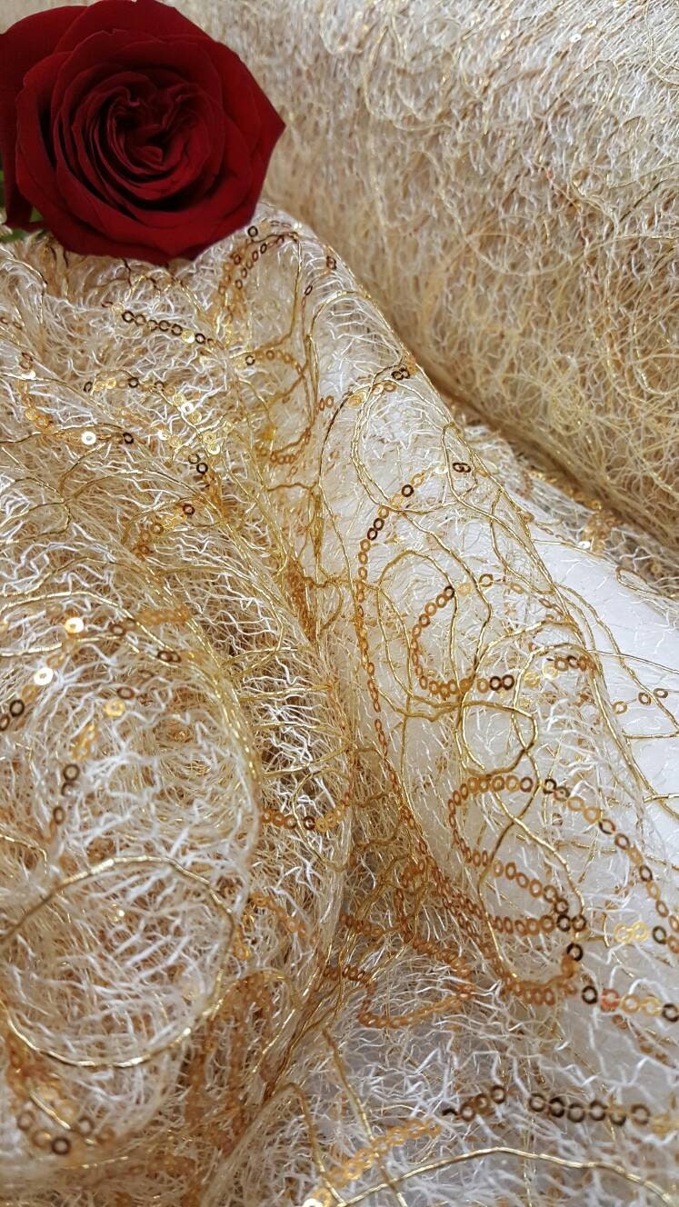Embroidered Sequin Lace Gold Spider Web