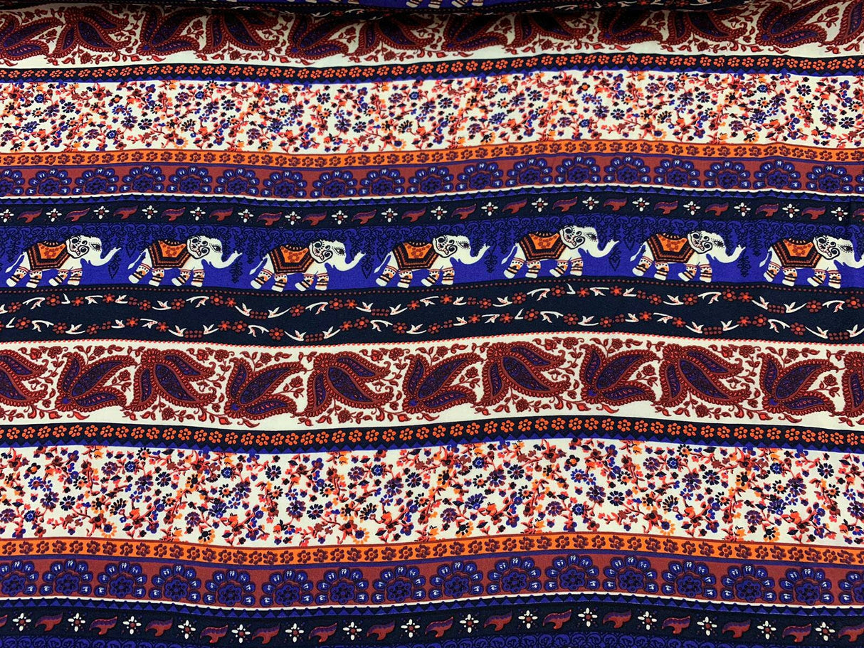 Rayon Challis Elephant Print Royal Blue Orange Multicolor