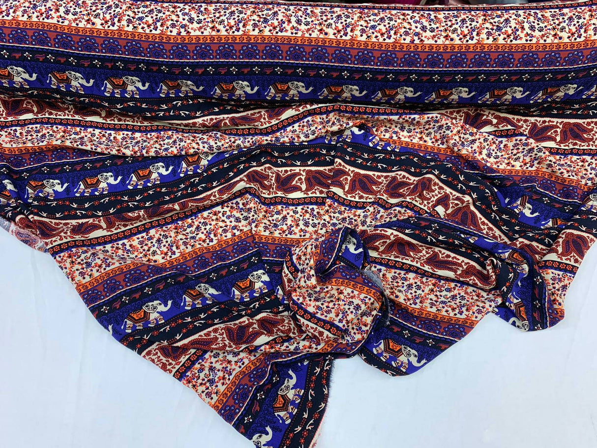 Rayon Challis Elephant Print Royal Blue Orange Multicolor