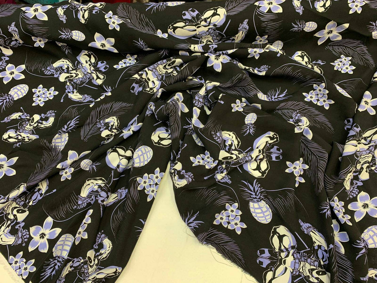 Rayon Challis Blue Black Floral