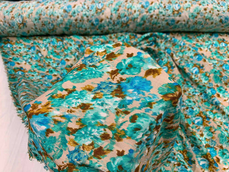Rayon Floral Print Fabric Blue Green