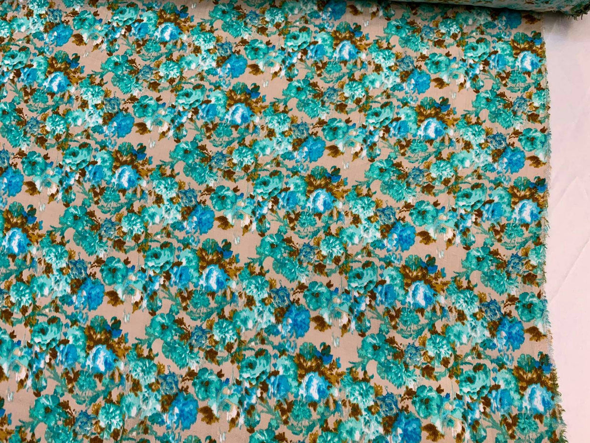 Rayon Floral Print Fabric Blue Green
