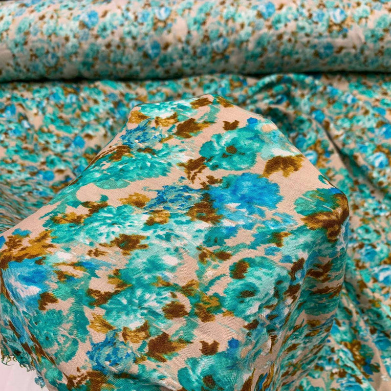 Rayon Floral Print Fabric Blue Green