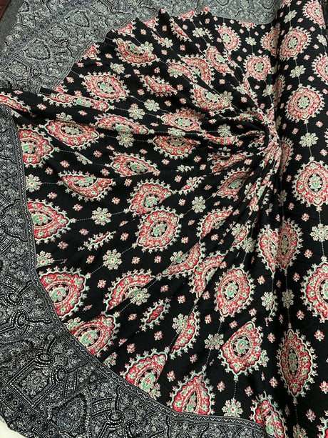 Rayon Challis Two Border Black and Fuchsia