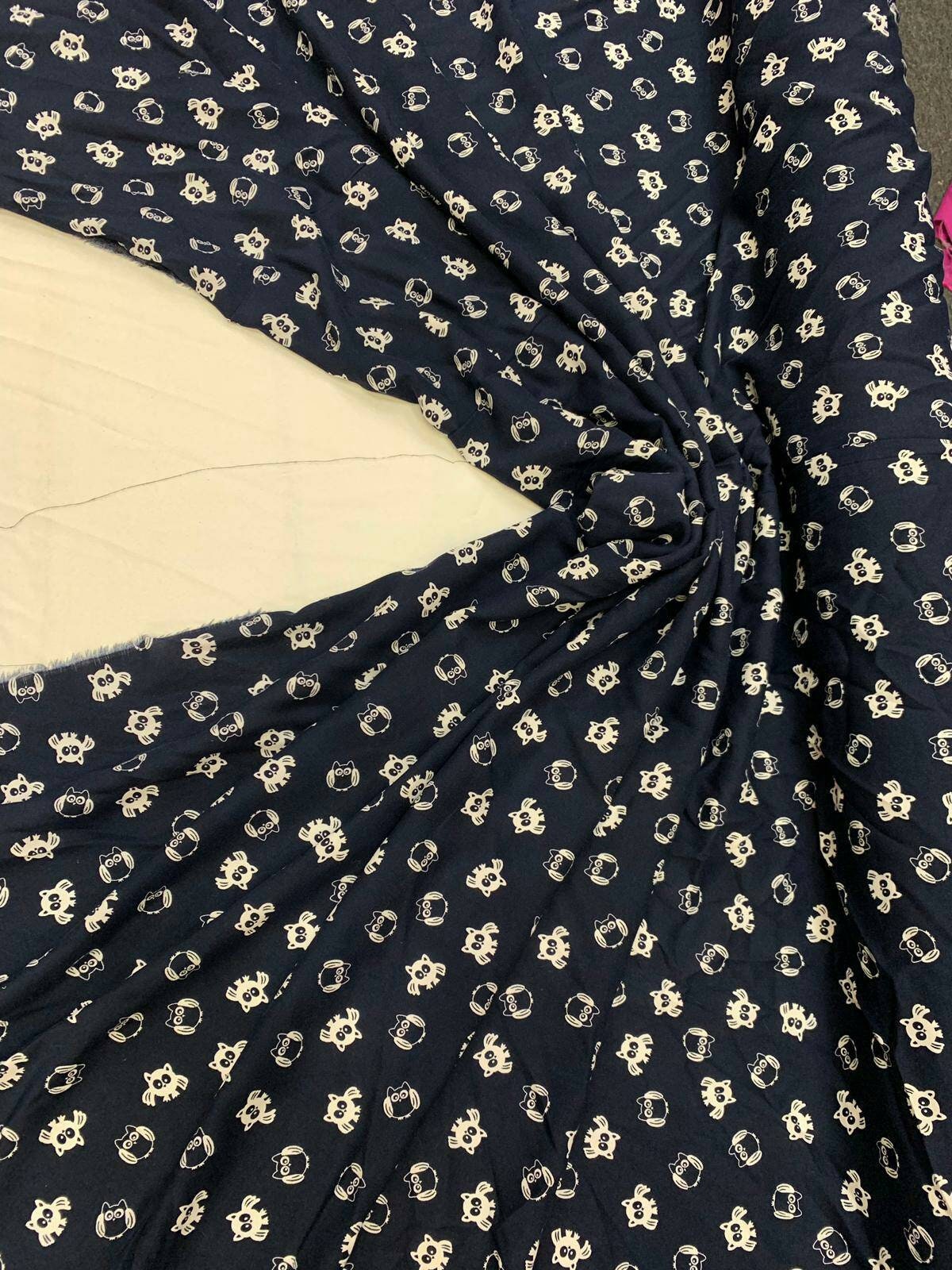 Rayon Challis Owl Print Navy Blue
