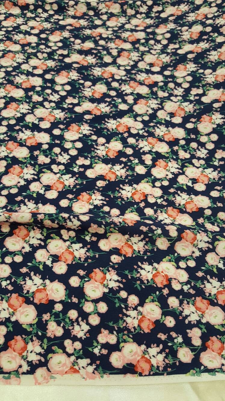 Rayon Challis Floral Print Navy Blue Pink