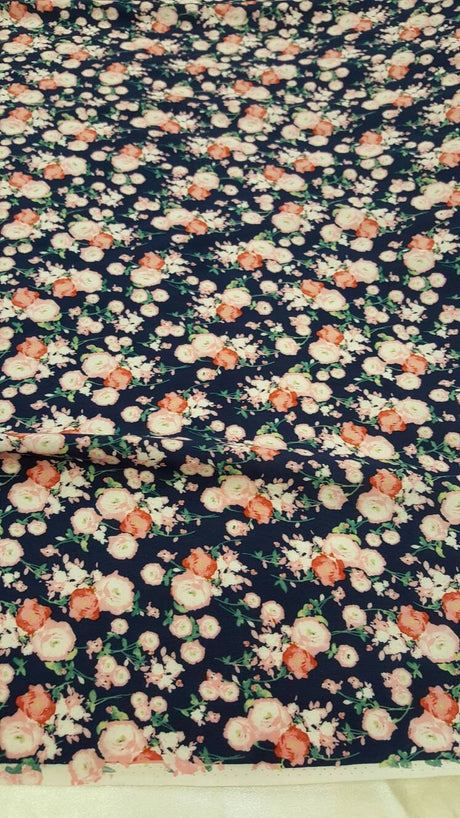 Rayon Challis Floral Print Navy Blue Pink