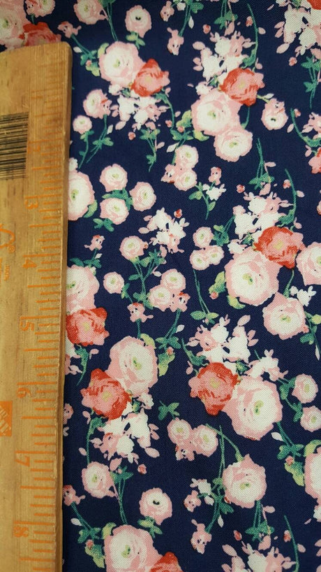 Rayon Challis Floral Print Navy Blue Pink