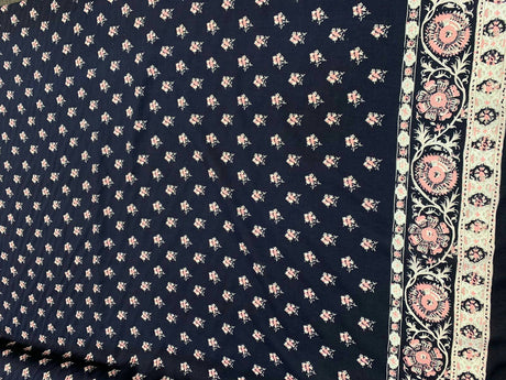 Rayon Challis Two Border Navy Blue Fuchsia Pink