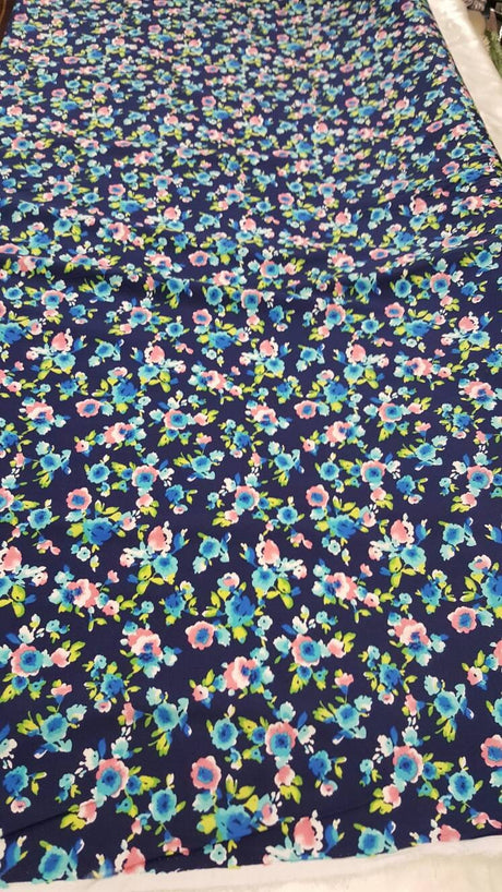 Rayon Challis Floral Print Navy Blue Pink