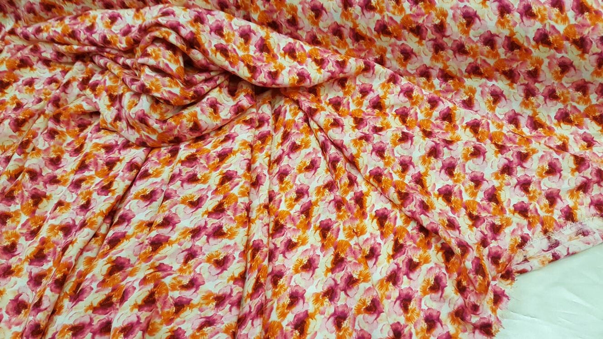 Rayon Floral Print Fabric Orange Fuchsia