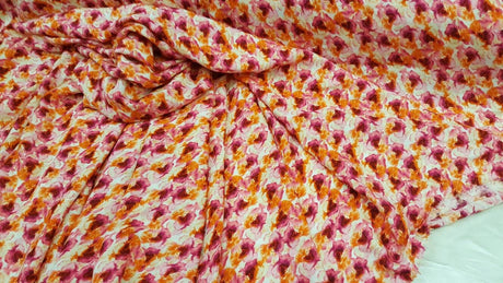 Rayon Floral Print Fabric Orange Fuchsia