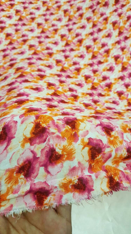 Rayon Floral Print Fabric Orange Fuchsia