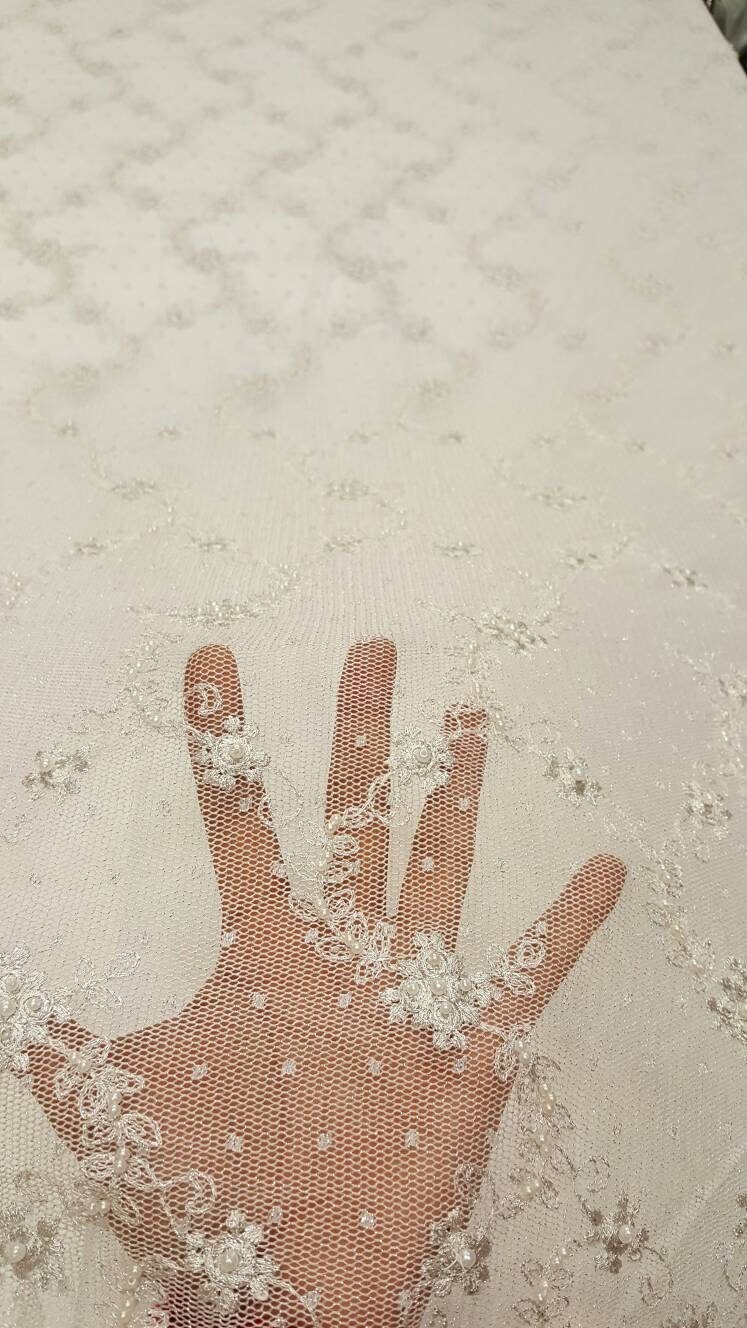 Embroidered Stretch Lace White Silver