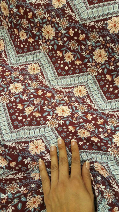 Rayon Challis Burgundy Floral Chevron Print