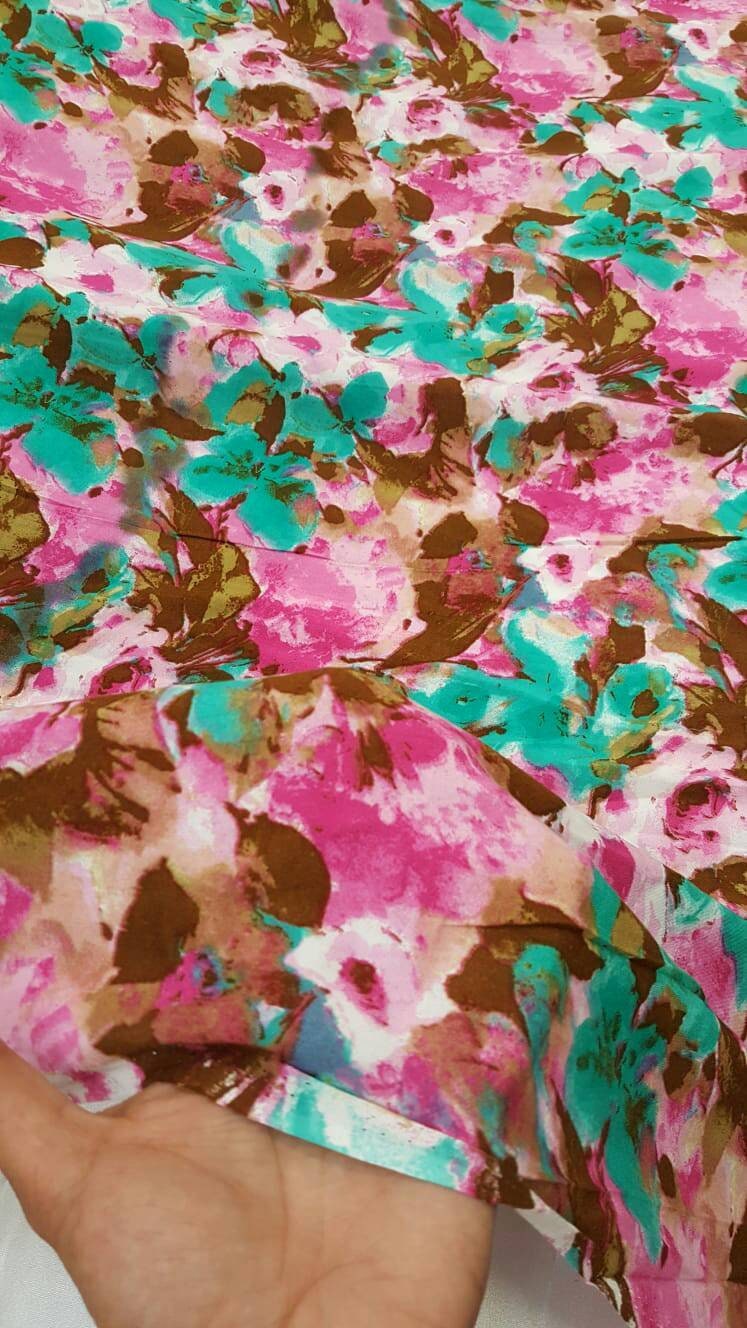 Rayon Floral Print Fabric Green Fuchsia Brown
