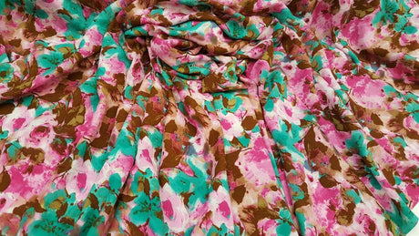 Rayon Floral Print Fabric Green Fuchsia Brown