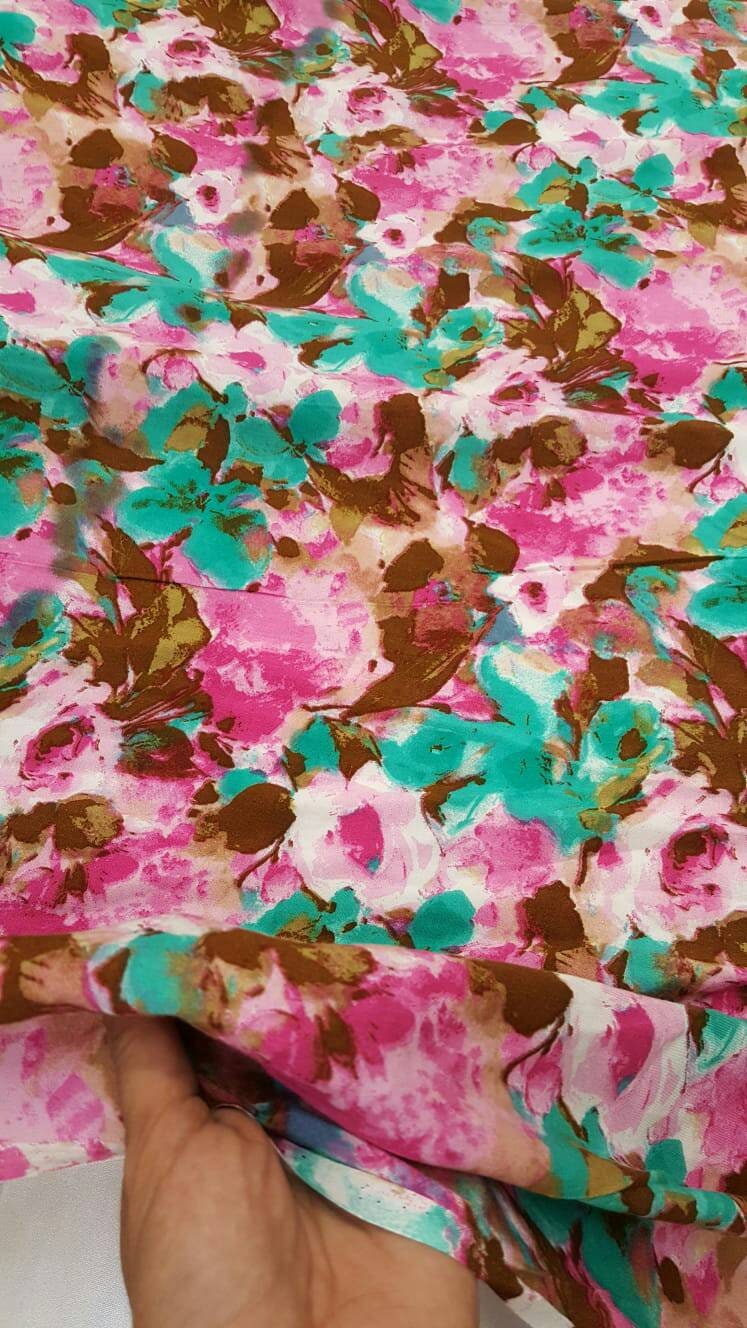 Rayon Floral Print Fabric Green Fuchsia Brown