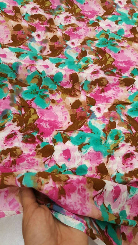 Rayon Floral Print Fabric Green Fuchsia Brown