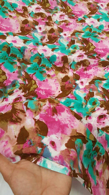 Rayon Floral Print Fabric Green Fuchsia Brown