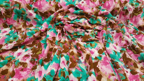 Rayon Floral Print Fabric Green Fuchsia Brown