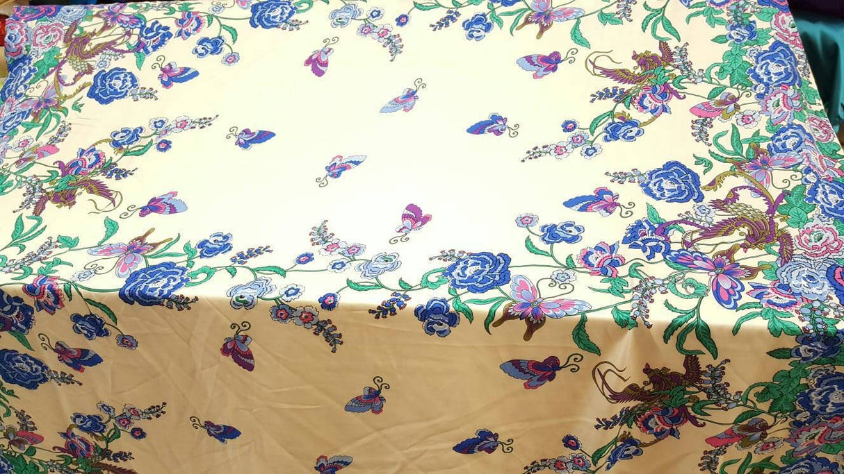 Rayon Challis Floral Butterfly Bird Print