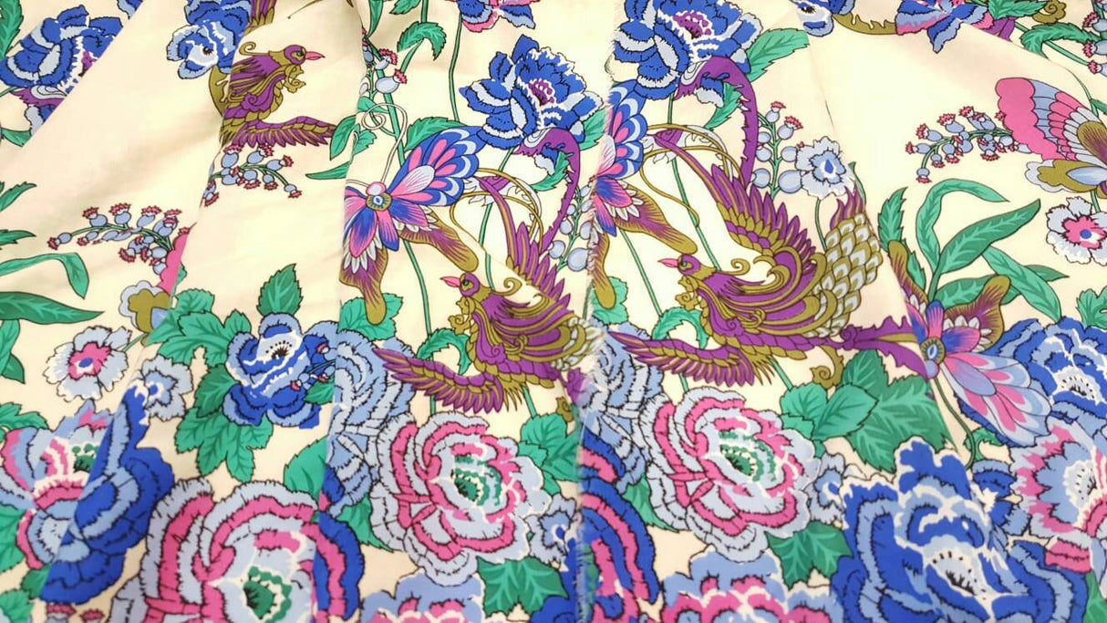 Rayon Challis Floral Butterfly Bird Print