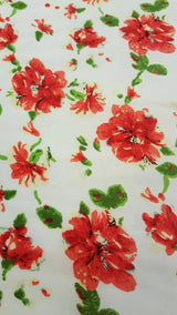 Rayon Challis Red and Green Floral on White
