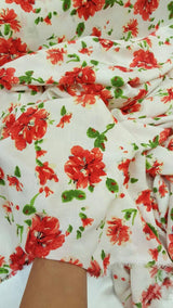 Rayon Challis Red and Green Floral on White