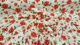 Rayon Challis Red and Green Floral on White