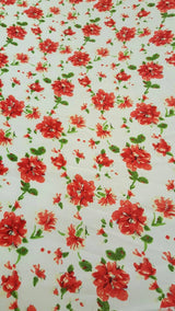 Rayon Challis Red and Green Floral on White