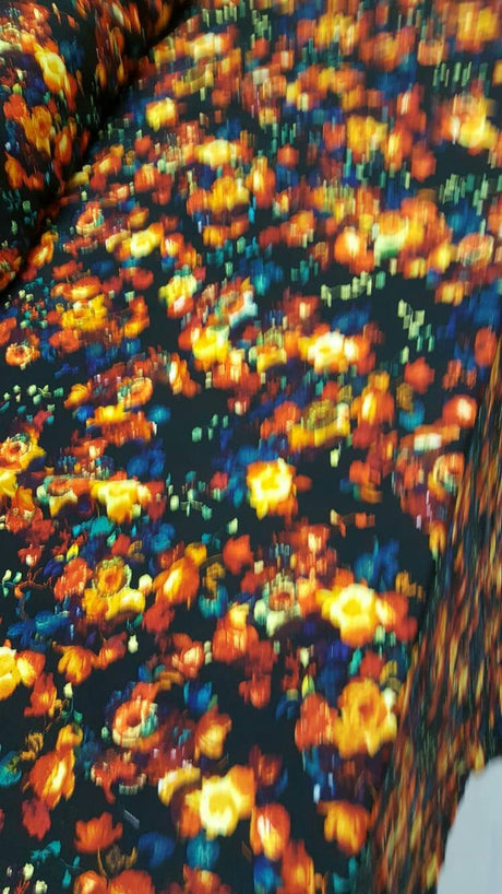 Rayon Floral Print Fabric Black Background