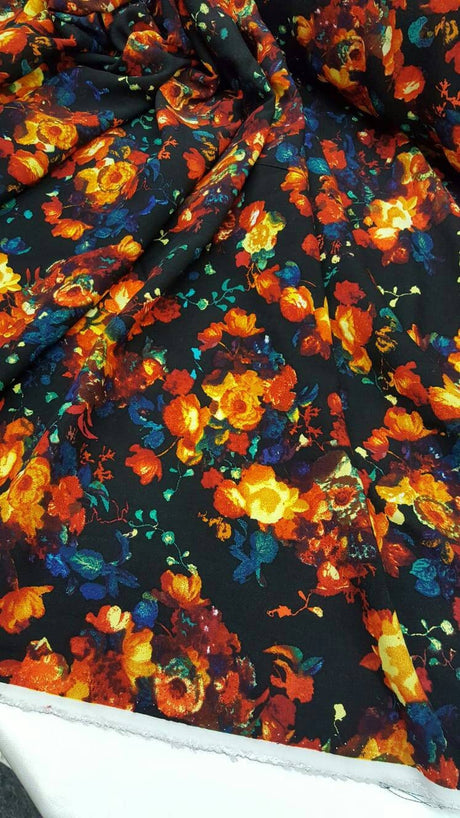 Rayon Floral Print Fabric Black Background