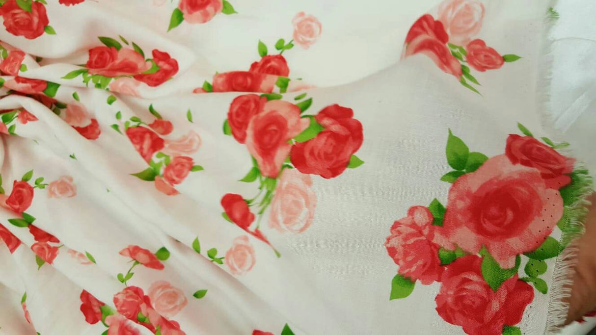 Rayon Challis Floral Roses Red Pink Green
