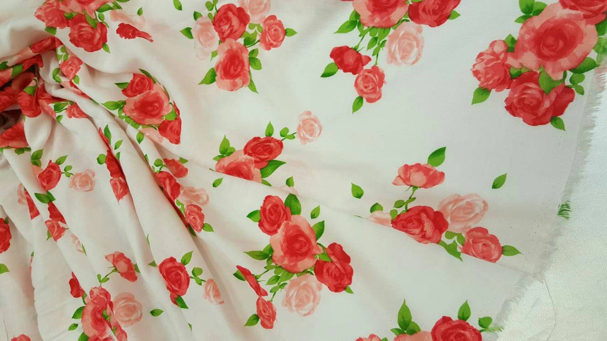 Rayon Challis Floral Roses Red Pink Green