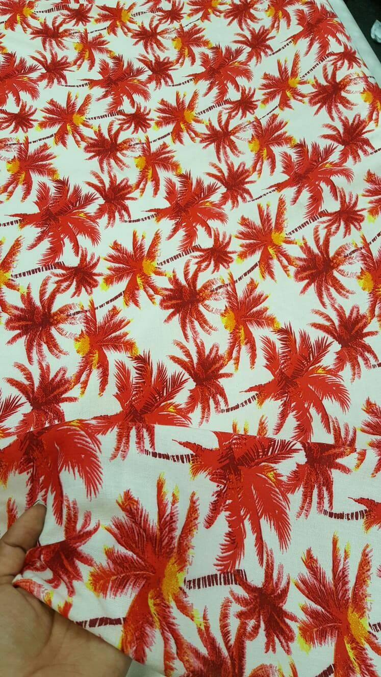 Rayon Challis Red Palm Trees Off White