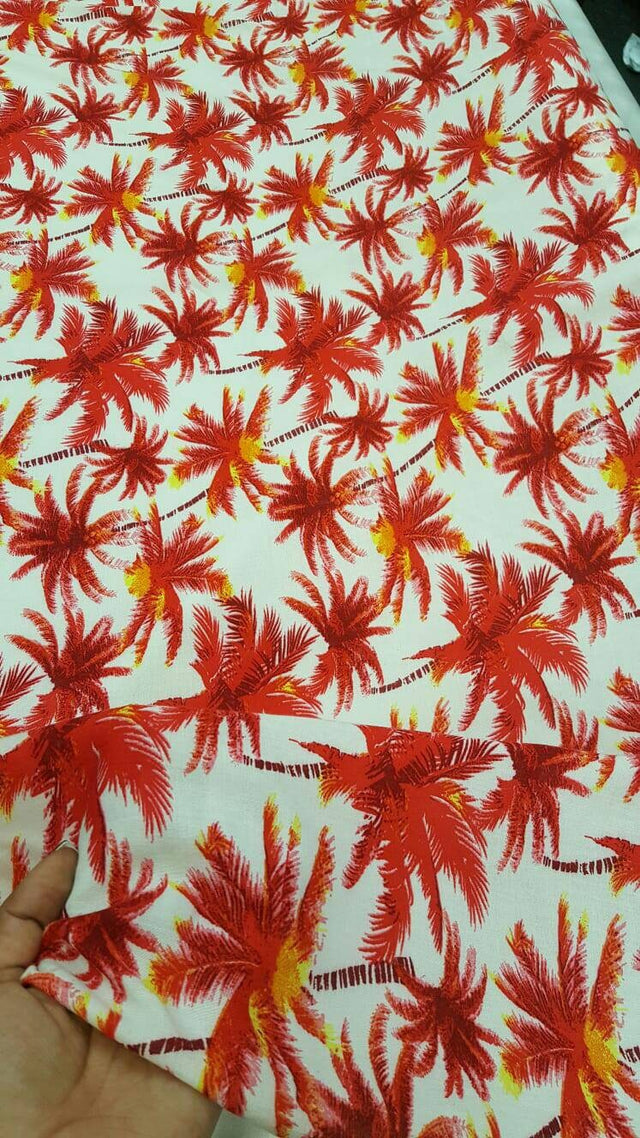 Rayon Challis Red Palm Trees Off White