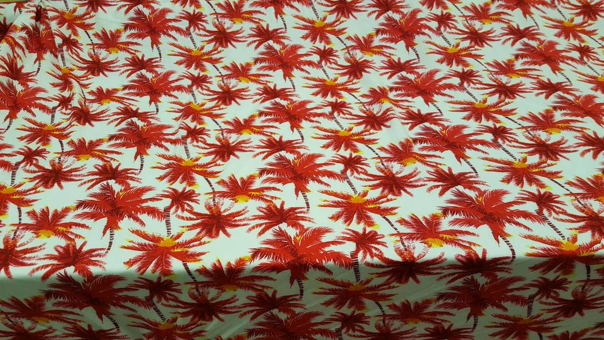 Rayon Challis Red Palm Trees Off White