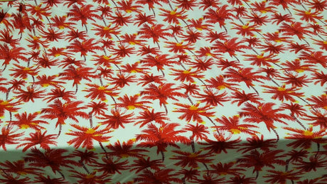 Rayon Challis Red Palm Trees Off White