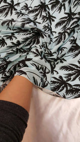 Rayon Challis Black Palm Tree on Baby Blue Background