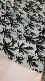 Rayon Challis Black Palm Tree on Baby Blue Background