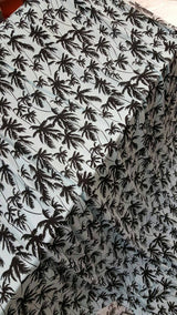 Rayon Challis Black Palm Tree on Baby Blue Background