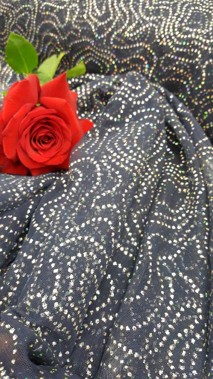 Rhinestone Mesh Lace Navy Blue Multicolor Iridescent