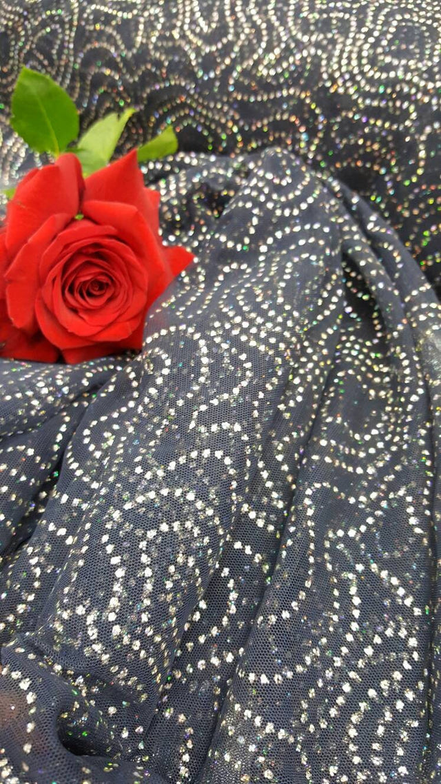 Rhinestone Mesh Lace Navy Blue Multicolor Iridescent
