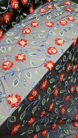 Embroidered Lace Multicolor Floral on Black Mesh