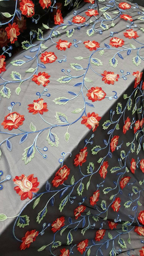 Embroidered Lace Multicolor Floral on Black Mesh