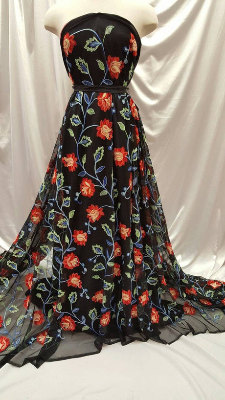 Embroidered Lace Multicolor Floral on Black Mesh