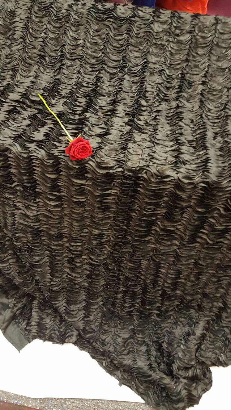 Black Satin Waves Ruffles Fabric