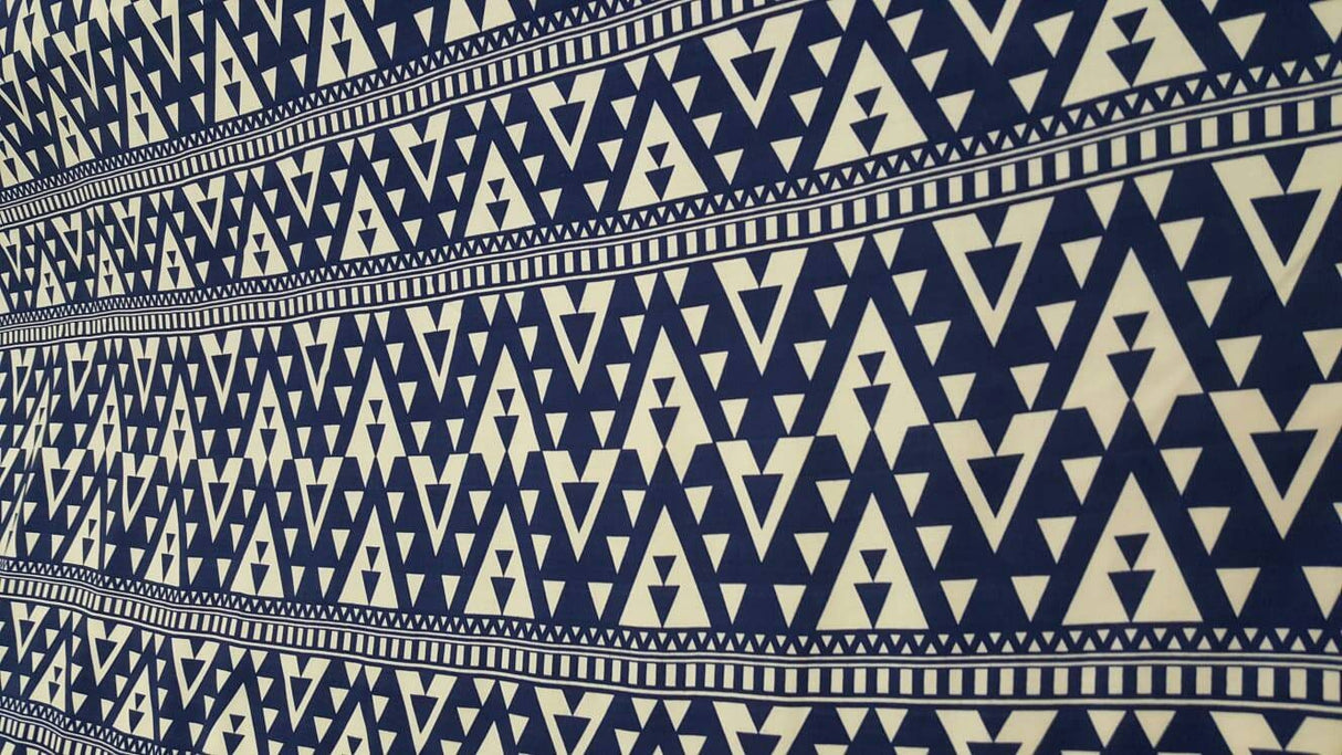 Rayon Challis Geometric White and Blue Fabric