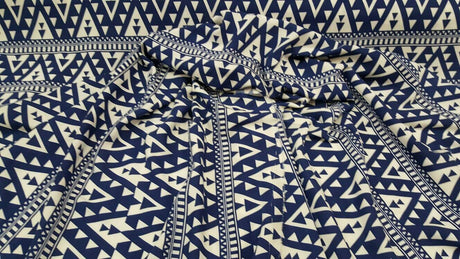 Rayon Challis Geometric White and Blue Fabric